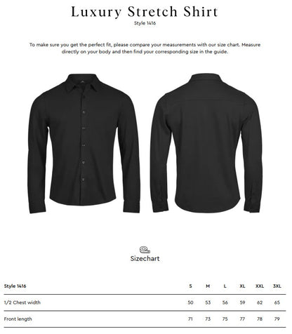 Size chart for the Tee Jays Men’s Luxury Stretch Shirt