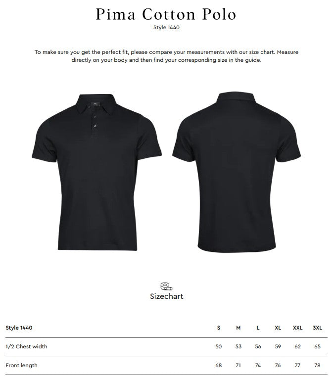 Size chart for the Tee Jays Men’s Pima Cotton Polo Shirt