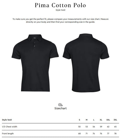 Size chart for the Tee Jays Men’s Pima Cotton Polo Shirt
