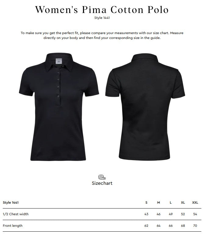Size chart for the Tee Jays Ladies Pima Cotton Polo Shirt