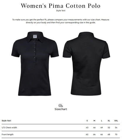 Size chart for the Tee Jays Ladies Pima Cotton Polo Shirt