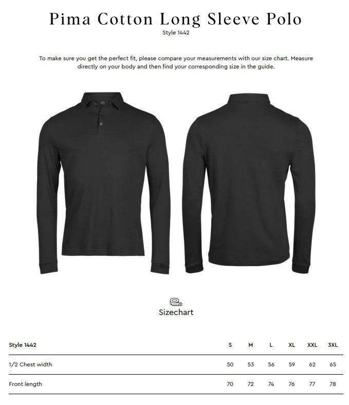 Size chart for the Tee Jays Men’s Pima Cotton Long Sleeve Polo Shirt
