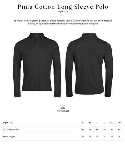 Size chart for the Tee Jays Men’s Pima Cotton Long Sleeve Polo Shirt