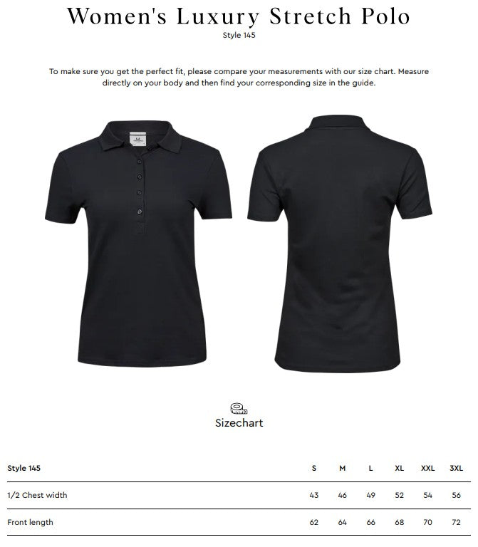 Size chart for the Tee Jays Ladies Luxury Stretch Polo Shirt