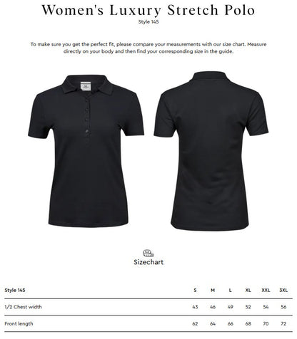 Size chart for the Tee Jays Ladies Luxury Stretch Polo Shirt