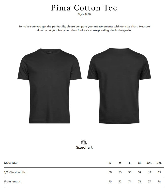 Size chart for the Tee Jays Men’s Pima Cotton T-Shirt