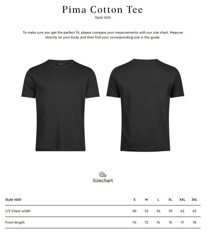 Size chart for the Tee Jays Men’s Pima Cotton T-Shirt