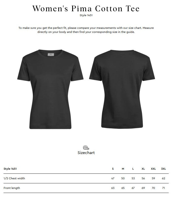 Size chart for the Tee Jays Ladies Pima Cotton T-Shirt