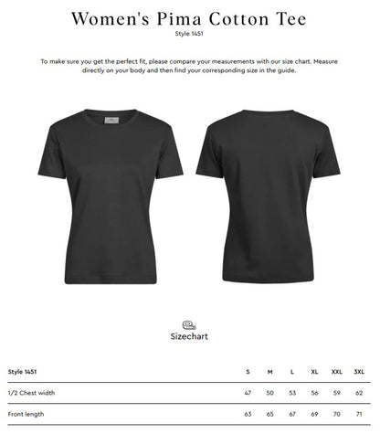 Size chart for the Tee Jays Ladies Pima Cotton T-Shirt