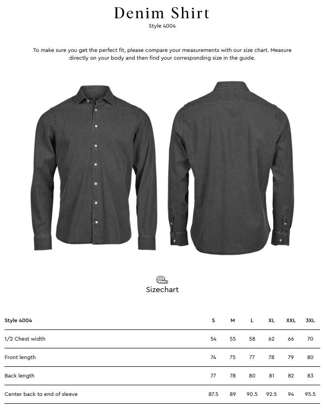 Size chart for the Tee Jays Men’s Denim Shirt