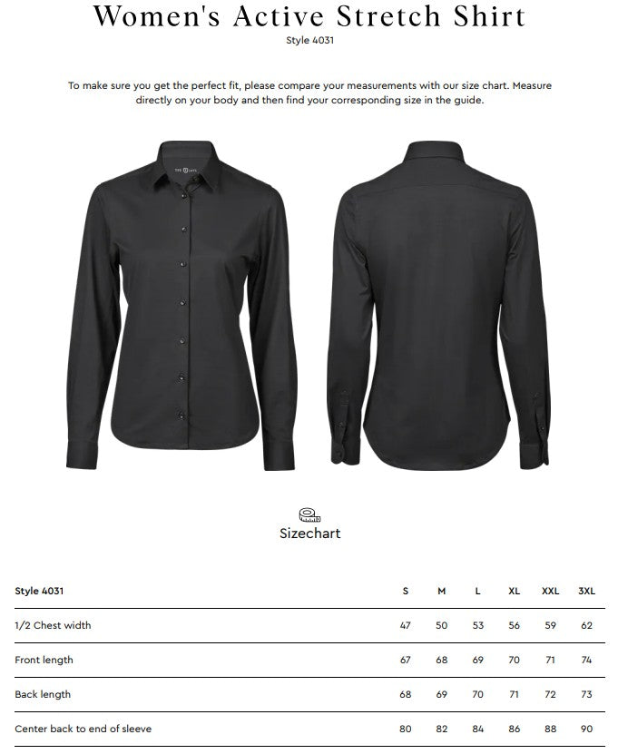 Size chart for the Tee Jays Ladies Active Stretch Shirt