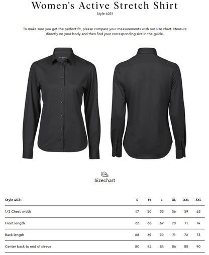 Size chart for the Tee Jays Ladies Active Stretch Shirt