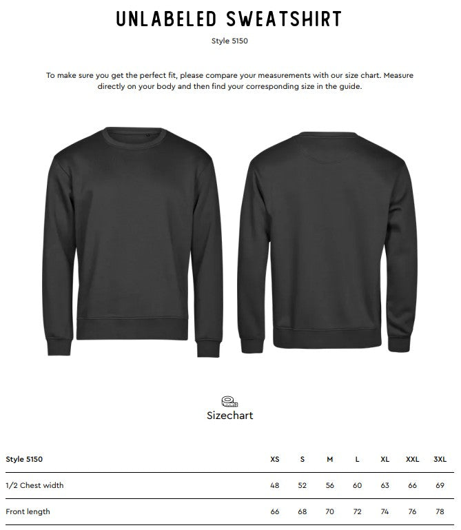 Size chart for the Tee Jays Unlabelled Sweatshirt