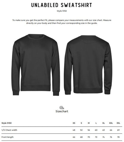 Size chart for the Tee Jays Unlabelled Sweatshirt