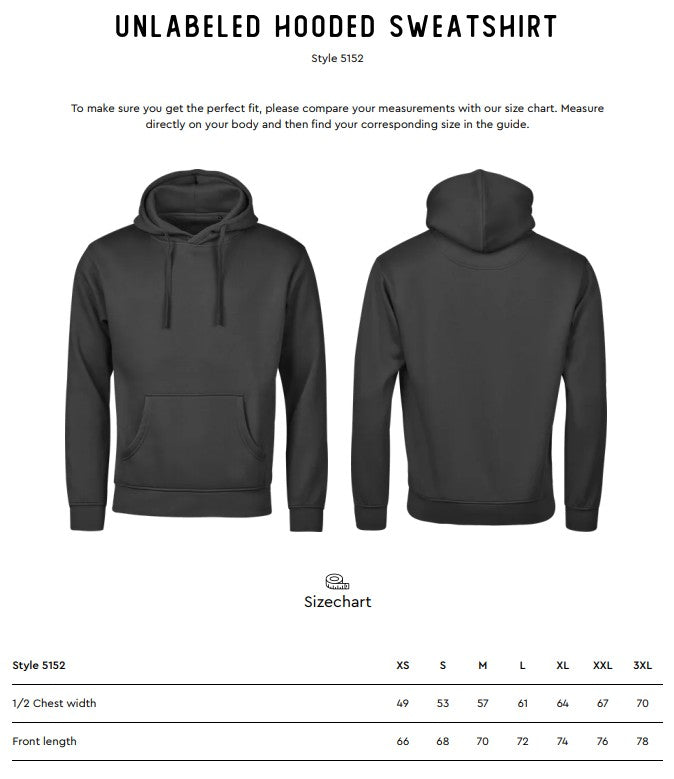Size chart for the Tee Jays Unlabelled Hooded Sweatshirt Hoodie