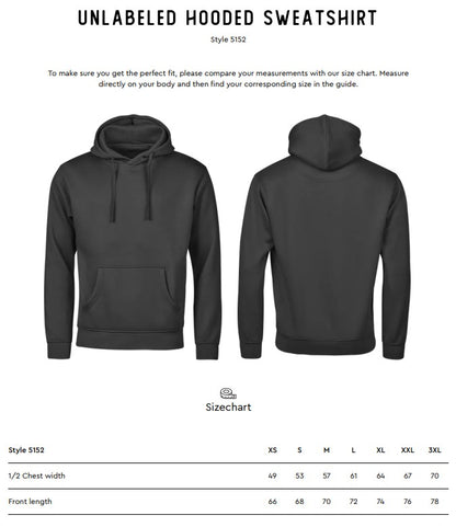 Size chart for the Tee Jays Unlabelled Hooded Sweatshirt Hoodie