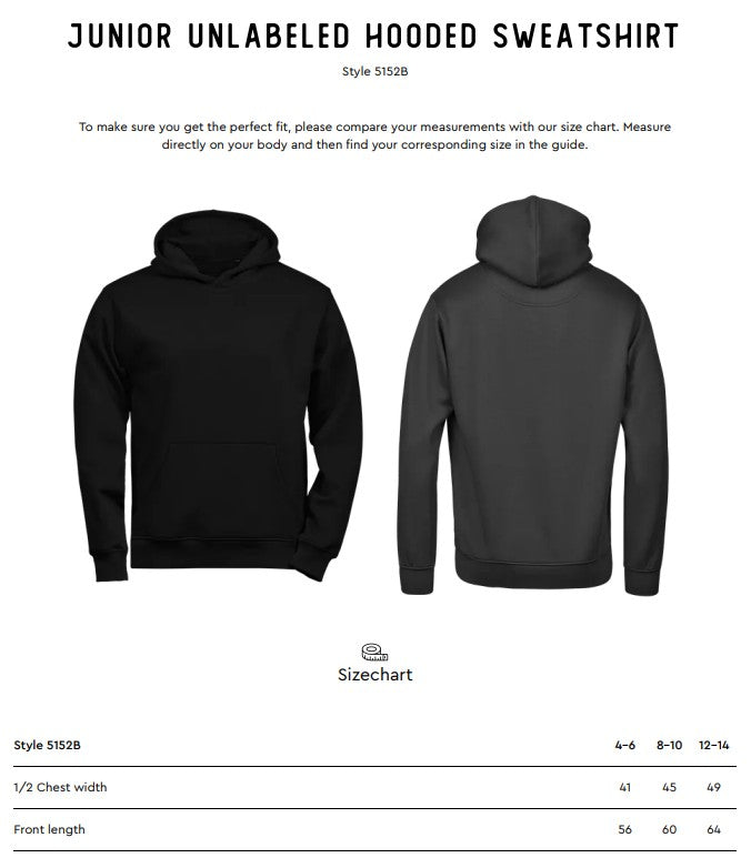 Size chart for the Tee Jays Junior Unlabelled Hooded Sweatshirt