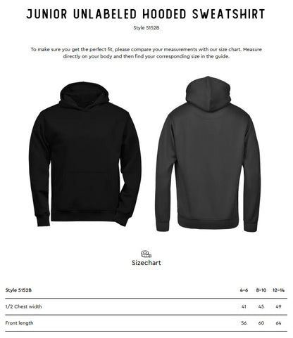 Size chart for the Tee Jays Junior Unlabelled Hooded Sweatshirt