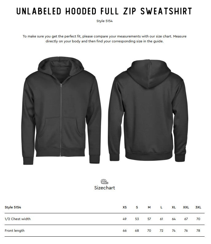 Size chart for the Tee Jays Unlabelled Hooded Full Zip Sweatshirt Hoodie