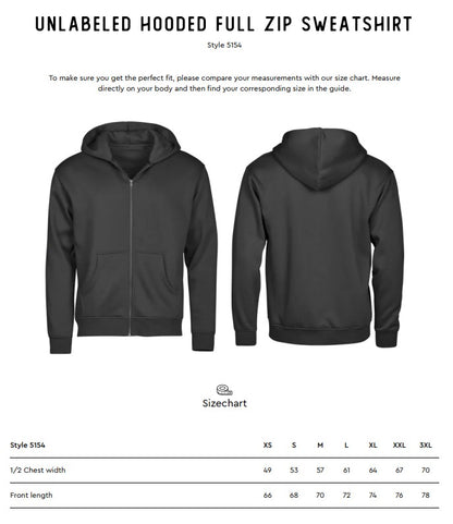 Size chart for the Tee Jays Unlabelled Hooded Full Zip Sweatshirt Hoodie