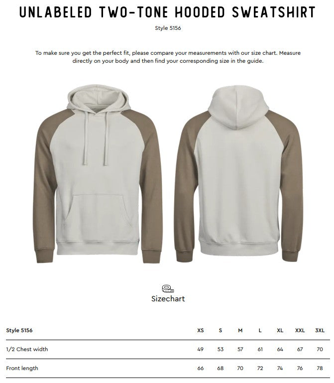 Size chart for the Tee Jays Unlabelled Two-Tone Sweatshirt Hoodie