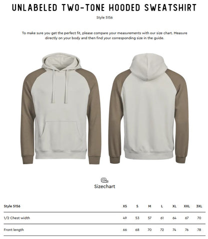 Size chart for the Tee Jays Unlabelled Two-Tone Sweatshirt Hoodie
