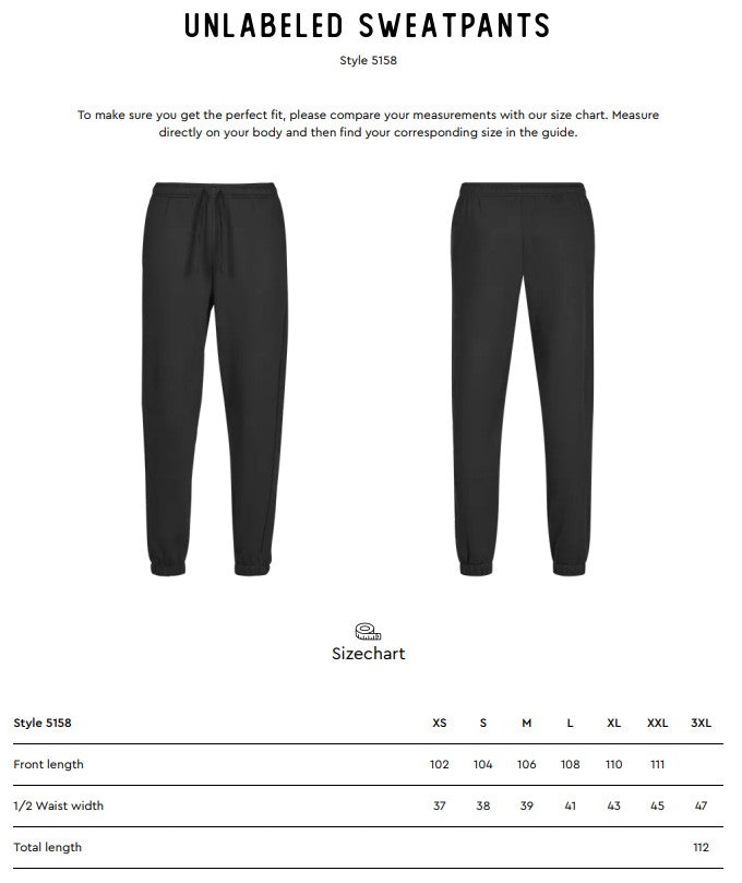 Size chart for the Tee Jays Unlabelled Sweatpants