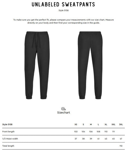 Size chart for the Tee Jays Unlabelled Sweatpants