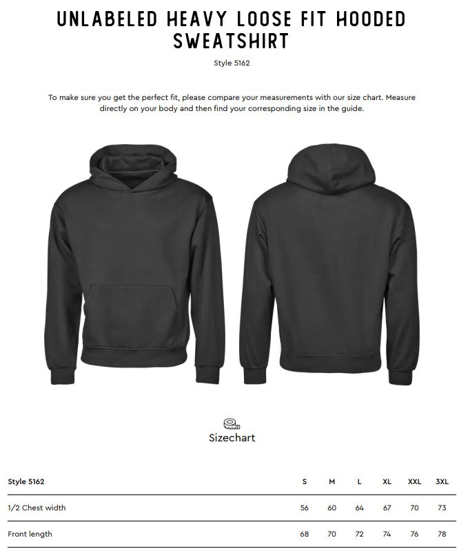 Size chart for the Tee Jays Unlabelled Heavy Loose Fit Hoodie