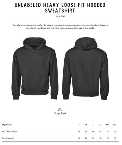 Size chart for the Tee Jays Unlabelled Heavy Loose Fit Hoodie