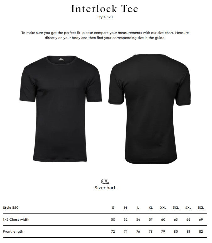 Size chart for the Tee Jays Men’s Interlock T-Shirt