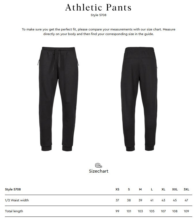 Size chart for the Tee Jays Men’s Athletic Pants