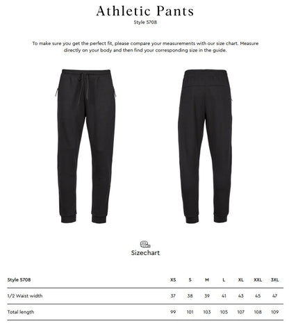 Size chart for the Tee Jays Men’s Athletic Pants