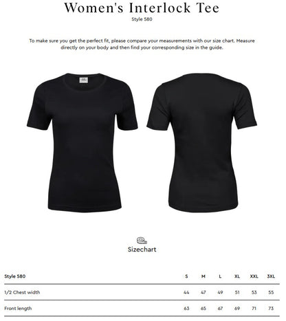 Size chart for the Tee Jays Ladies Interlock T-Shirt