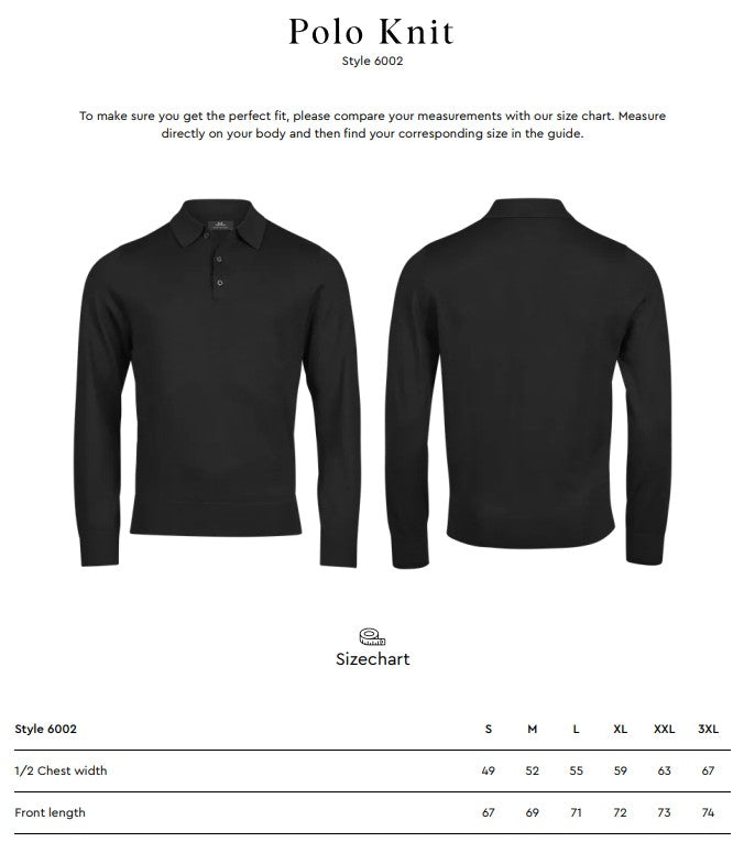 Size chart for the Tee Jays Men’s Knit Polo Shirt