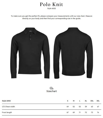 Size chart for the Tee Jays Men’s Knit Polo Shirt