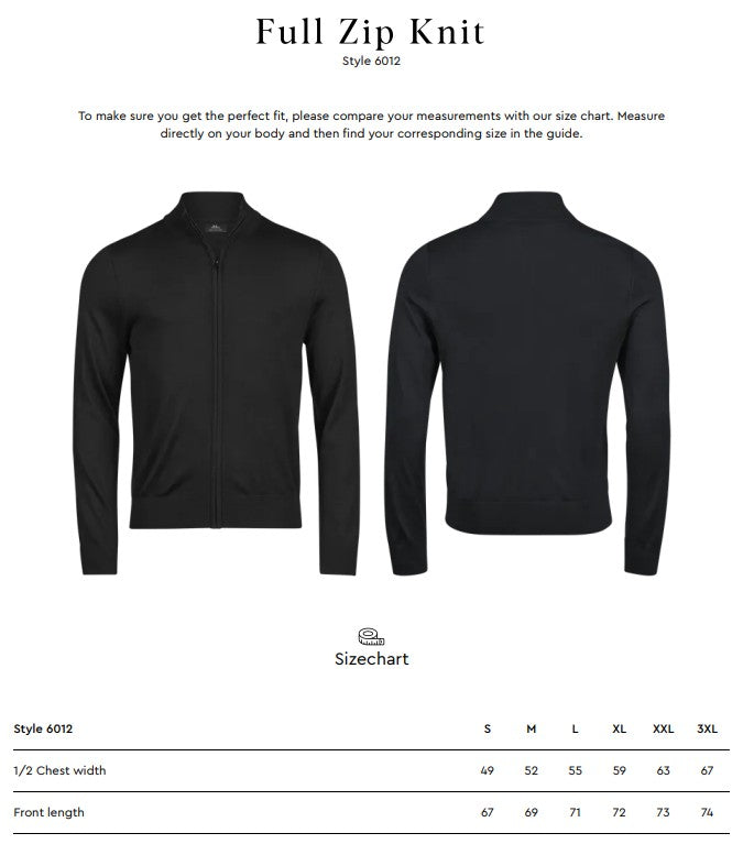Size chart for the Tee Jays Men’s Full Zip Knit Jumper