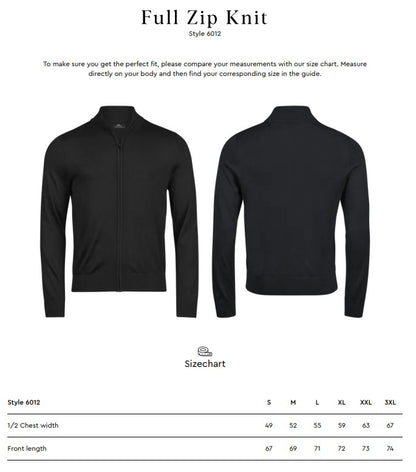 Size chart for the Tee Jays Men’s Full Zip Knit Jumper