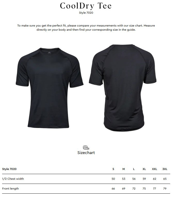 Size chart for the Tee Jays Men’s CoolDry T-Shirt