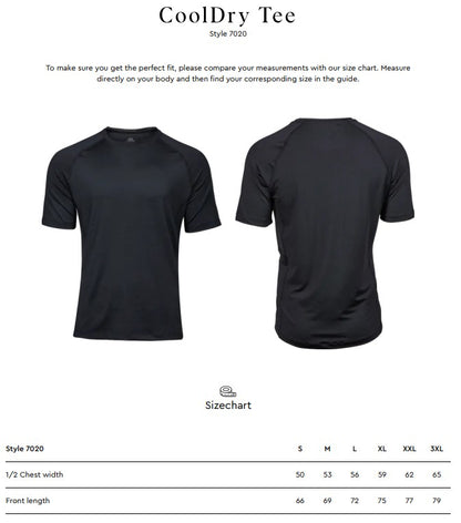 Size chart for the Tee Jays Men’s CoolDry T-Shirt