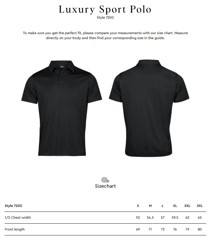 Size chart for the Tee Jays Men’s Luxury Sport Polo Shirt