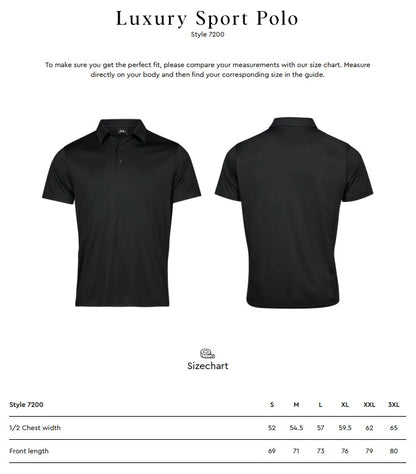 Size chart for the Tee Jays Men’s Luxury Sport Polo Shirt