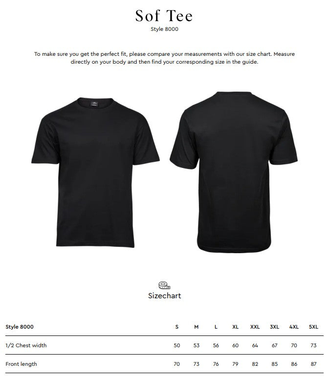 Size chart for the Tee Jays Men’s Sof-Tee T-Shirt