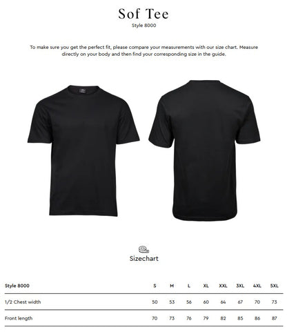 Size chart for the Tee Jays Men’s Sof-Tee T-Shirt