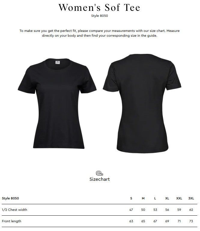 Size chart for the Tee Jays Ladies Fashion Sof-Tee T-Shirt