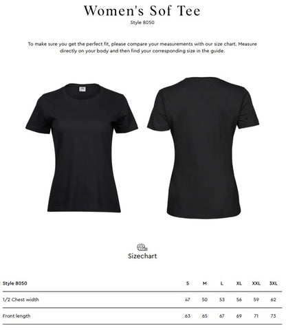 Size chart for the Tee Jays Ladies Fashion Sof-Tee T-Shirt