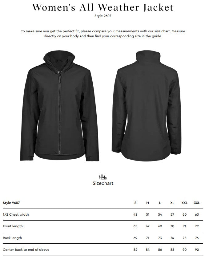 Size chart for the Tee Jays Ladies All Weather Jacket