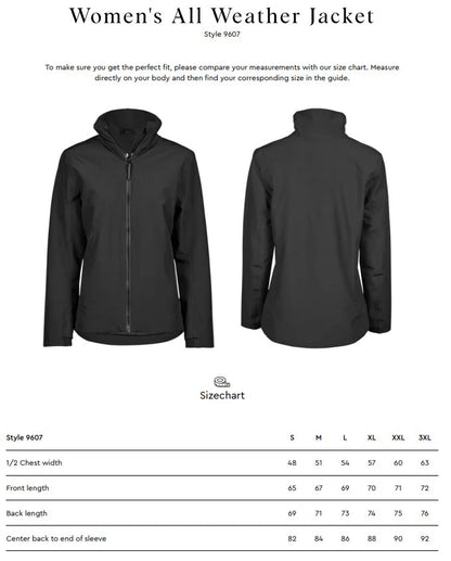 Size chart for the Tee Jays Ladies All Weather Jacket
