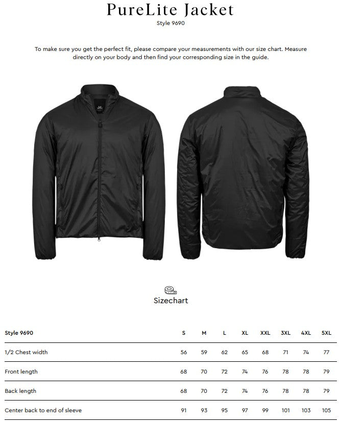 Size chart for the Tee Jays Men’s PureLite Jacket