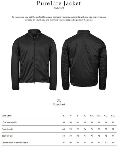 Size chart for the Tee Jays Men’s PureLite Jacket